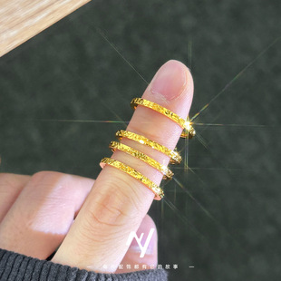 2025新款碎冰冰戒指女窄面小众设计18K黄金色爆闪素圈精致食指环