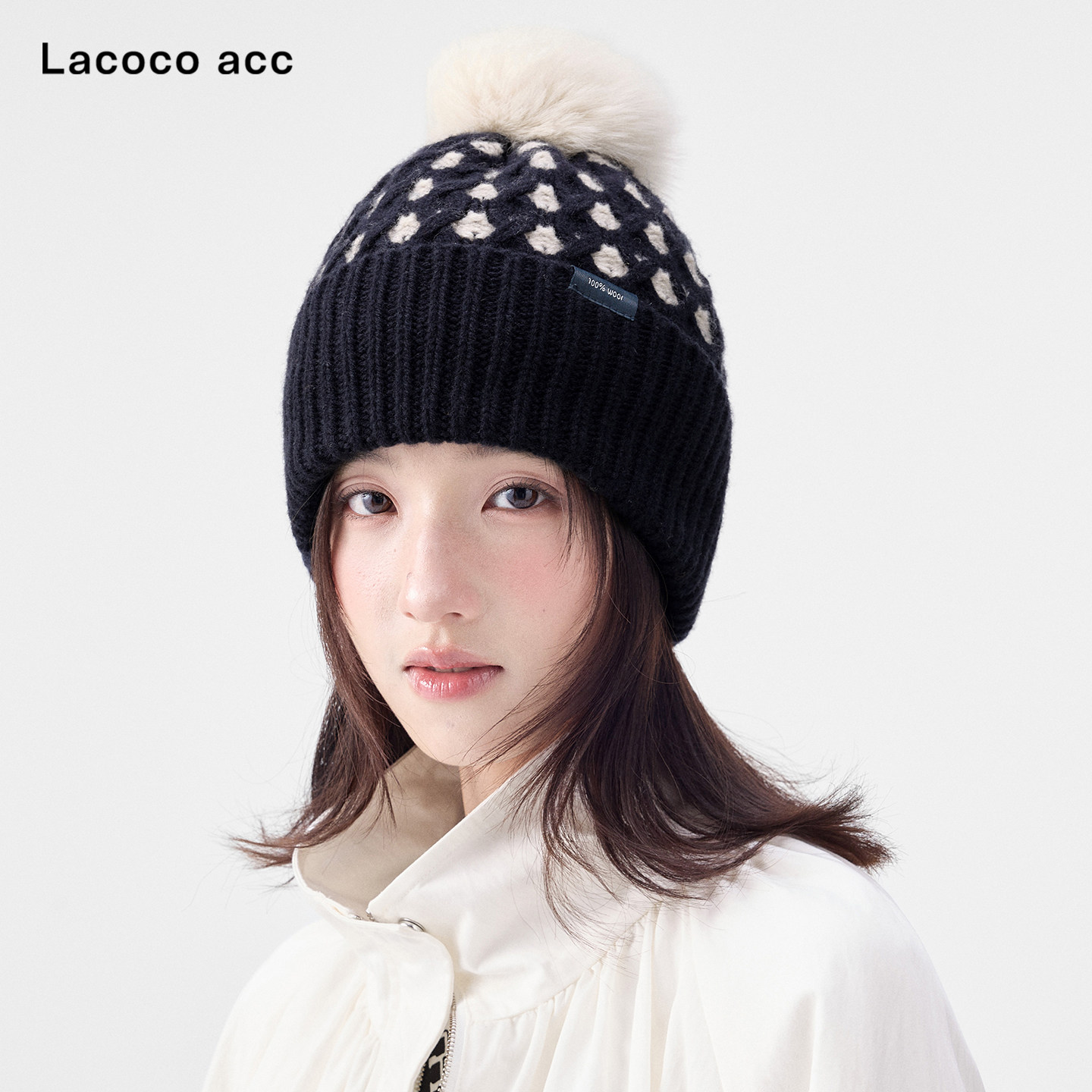 Lacoco复古纯羊毛毛球针织帽女2026秋冬氛围感加厚保暖包头毛线帽