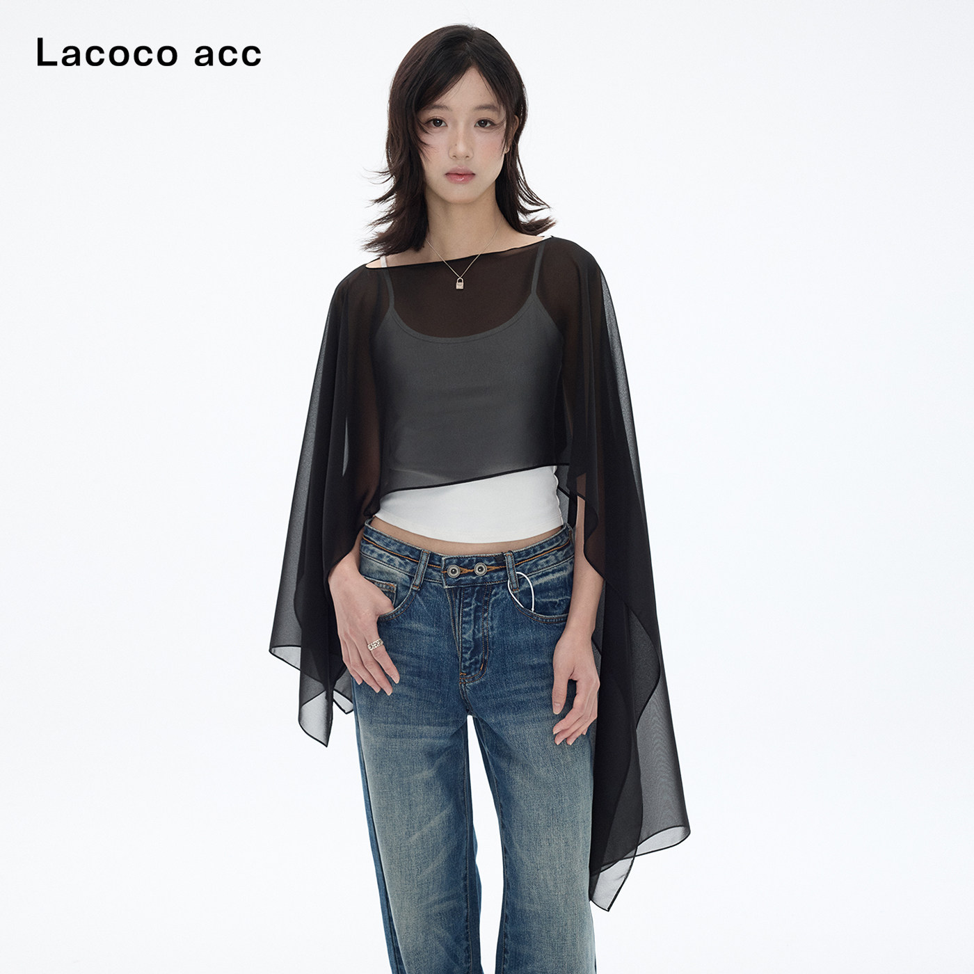 Lacoco法式多穿法薄纱披肩2026秋季高级感斗篷罩衫简约修身上衣女