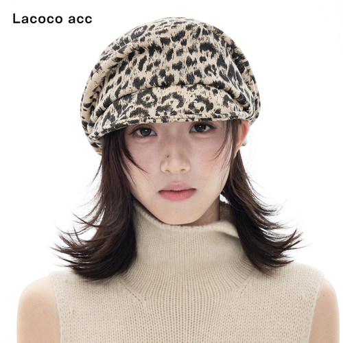 Lacoco复古豹纹报童帽女