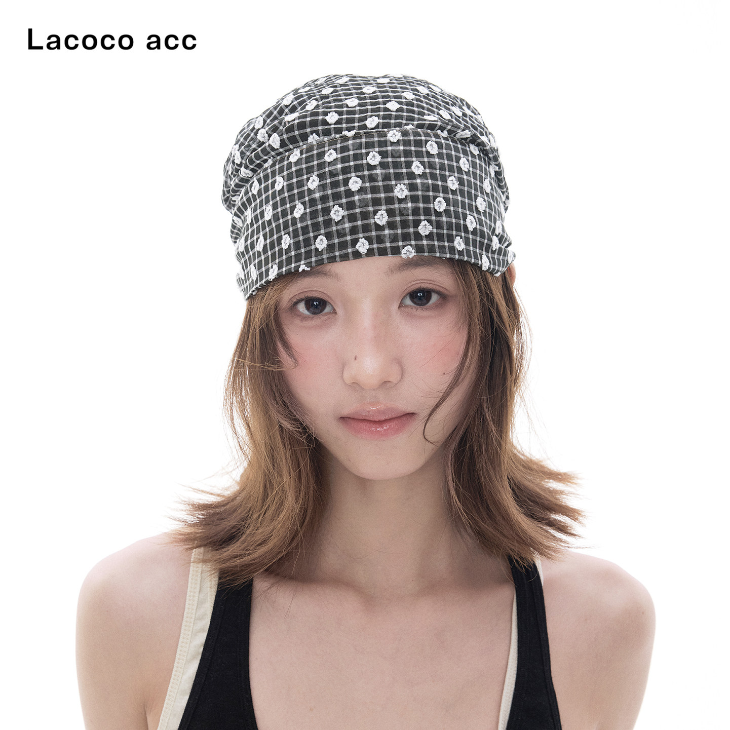 Lacoco 复古星星格纹绑带包头帽女2026夏季薄款透气氛围感堆堆帽