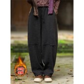 加厚保暖休闲裤 棉麻裤 新中式 高端苎麻做旧拼接加绒女裤 子秋冬新款