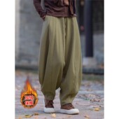 系绳保暖加绒灯笼裤 苎麻加厚休闲裤 子女文艺复古宽松南瓜裤 棉麻裤
