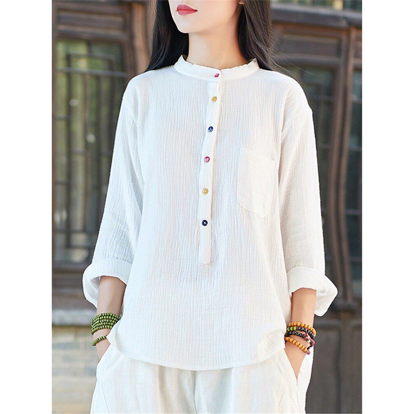 棉麻女上衣春秋新款宽松国潮复古T恤长袖套头衫前短后长纽扣衬衣