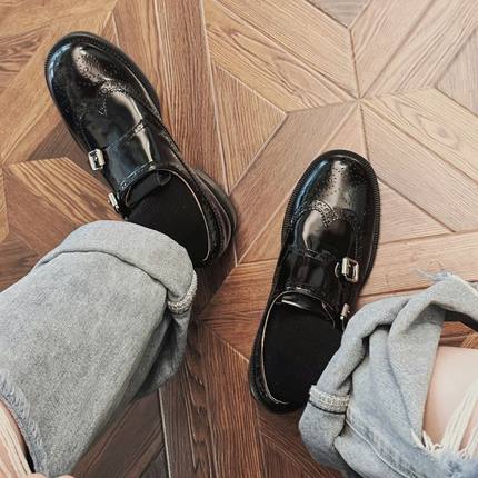 英伦风雕花小皮鞋女春秋布洛克牛津鞋复古孟克鞋女黑色乐福鞋真皮