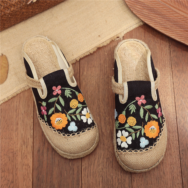 民族风绣花布拖鞋女一脚蹬亚麻透气手工编织拖鞋舒适软底