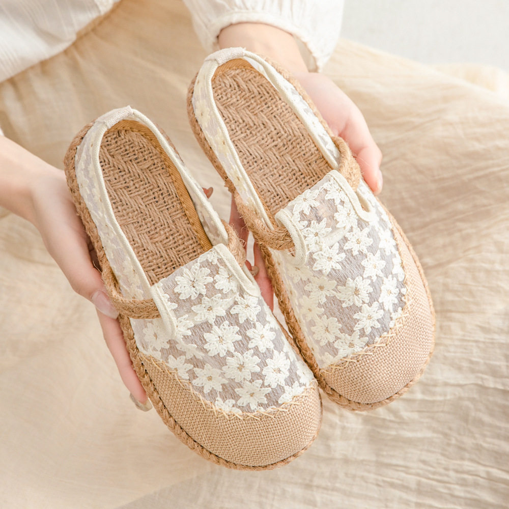 民族风绣花鞋女夏季透气网纱镂空草编平底凉鞋手工布鞋懒人拖鞋