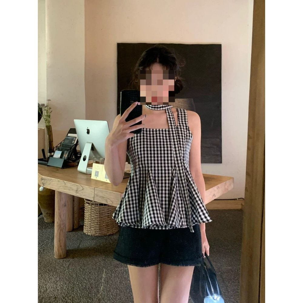 法式复古飘带方领荷叶边格子吊带背心女无袖显瘦上衣