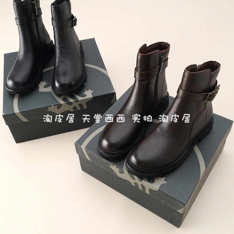 34581俄罗斯单~头层牛皮!帅气皮带扣加绒保暖马丁靴短靴子女1.