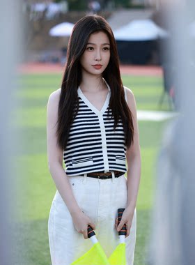灿如繁星林星晚虞书欣同款条纹针织衫女夏V领无袖背心外穿上衣