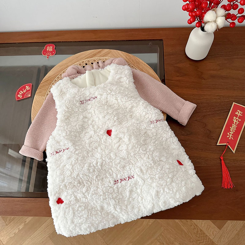 女童冬装加厚拜年裙冬季女宝宝毛绒背心裙婴幼儿加绒保暖连衣裙子