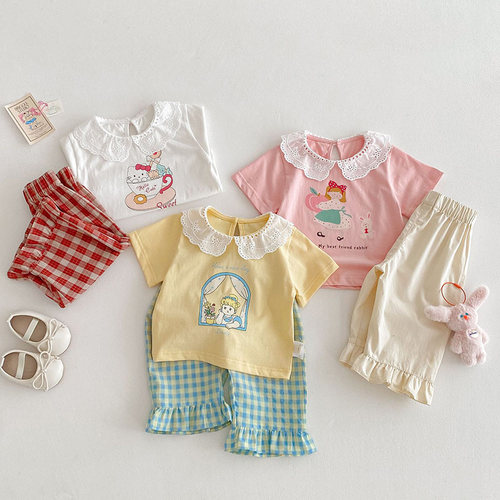 夏装女童娃娃领短袖t恤+格子长裤