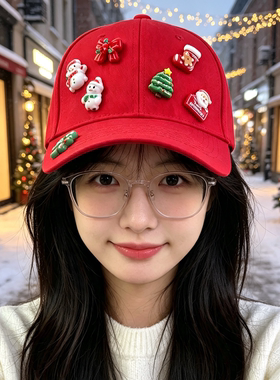 可爱圣诞装饰红色棒球帽女卡通立体造型鸭舌帽防晒遮阳帽韩版原创
