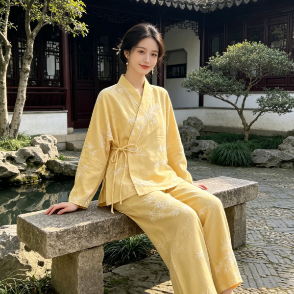 汉服浅碎花弓袋袖交领起居服套装可外穿睡衣女右衽交领中国风服饰