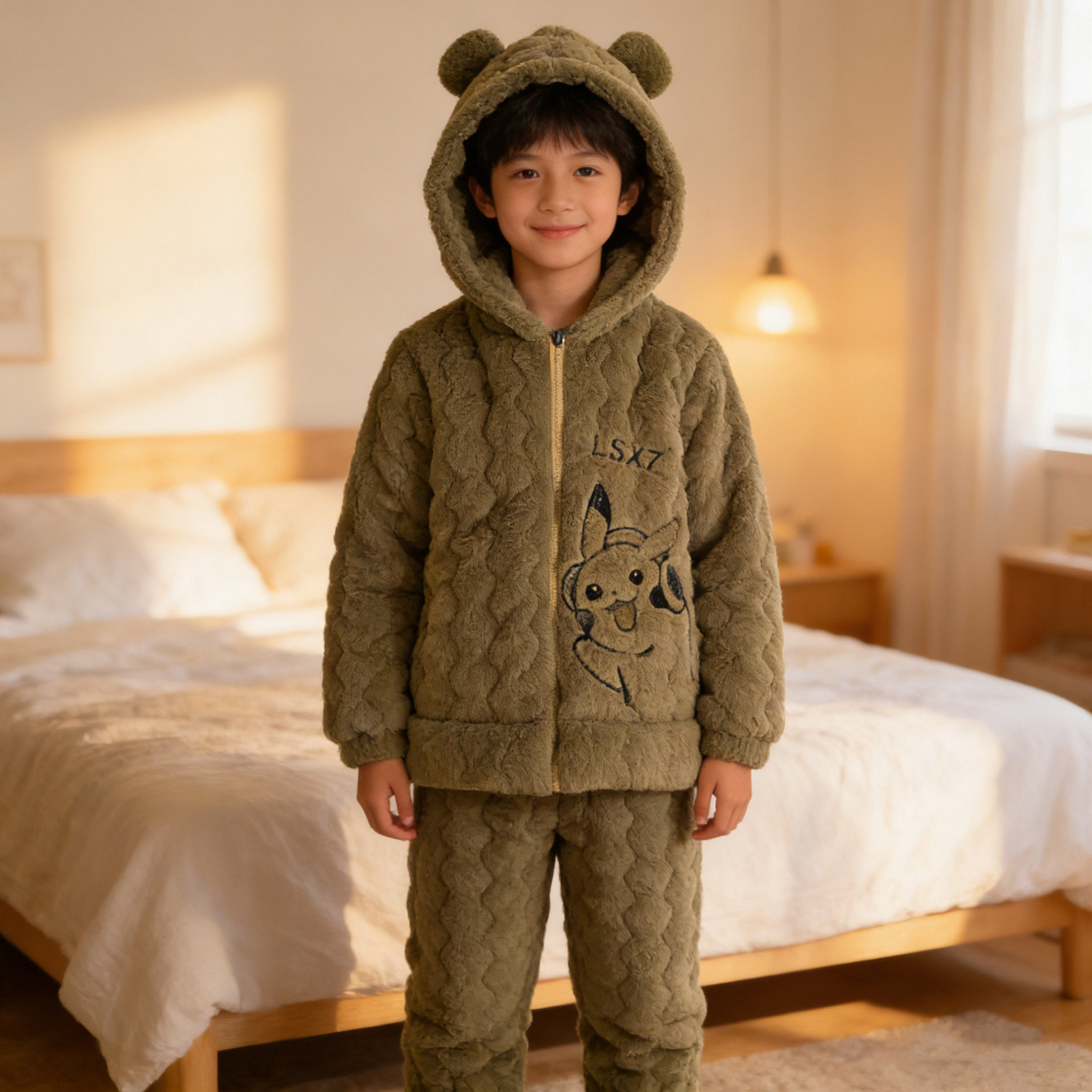 冬季加厚三层夹棉男童卡通家居服套装保暖连帽睡衣中大童