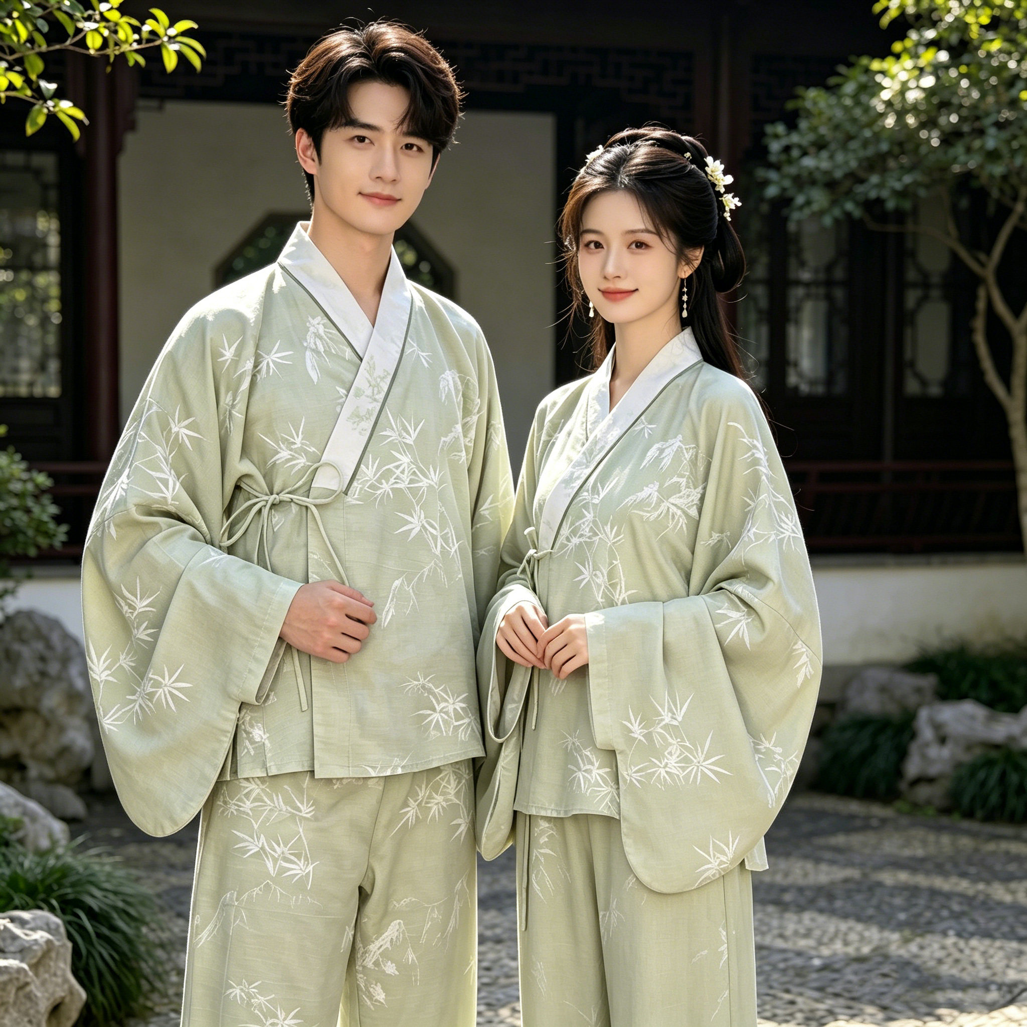 中式汉服情侣装男女纯棉套装夏季宽袖系带国风家居服