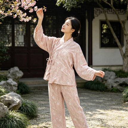 汉服浅碎花弓袋袖交领起居服套装可外穿睡衣女右衽交领中国风服饰