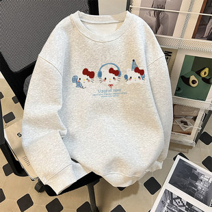 卡通KT猫男女童花灰色圆领卫衣秋冬季新款加绒加厚中大童无帽上衣