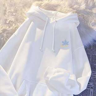 港风蓝色枫叶连帽卫衣中大童秋冬2025新款宽松潮牌男女款休闲上衣