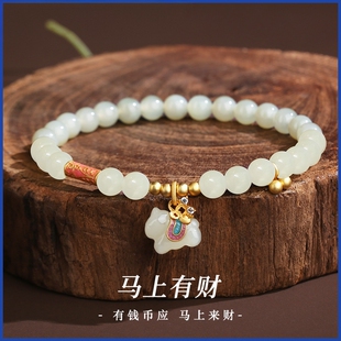 普陀山天然和田玉手串新年本命年属马编织绳手链纯银羊脂白玉女款