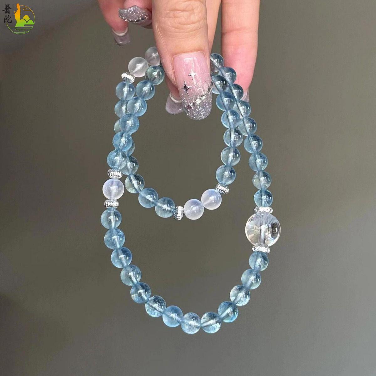 天然海蓝宝手链女双圈月光石手串