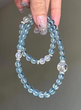 天然海蓝宝手链女双圈月光石手串