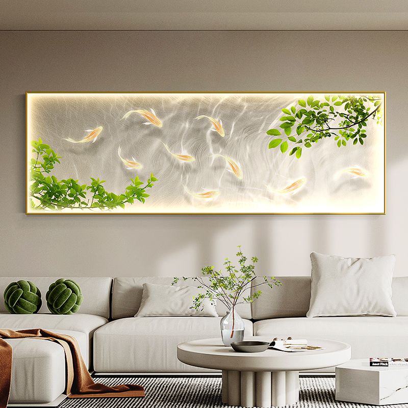 奶油风九鱼图客厅装饰画绿植沙发背景墙挂画法式卧室床头带灯壁画图片