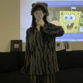 宽松两件套家居服 长裤 跨境批发情侣睡衣春秋季 高级感灰色条纹长袖