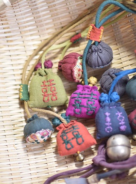 亚麻喜字钱袋项链纯手工亚麻项链