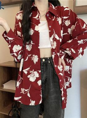 复古红色印花衬衫女复古港味长袖2022新款宽松防晒衫桔梗碎花上衣