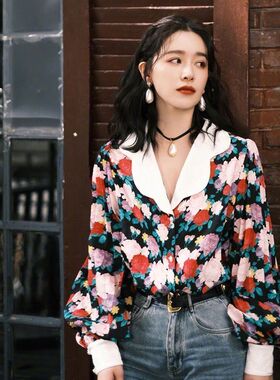 阚清子明星同款碎花灯笼袖衬衫女80年代复古港风小众法式上衣春秋
