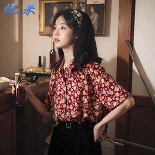 80年代复古港风女装chic衬衫女设计感小众夏季印花宽松短袖上衣服