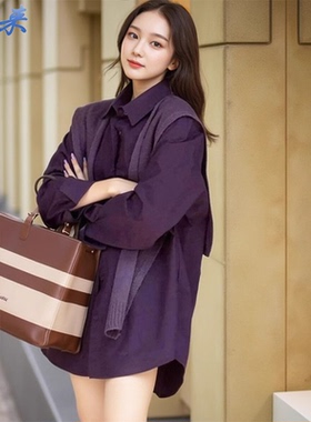 春秋季新款中长款宽松百搭复古紫色衬衫女长袖polo领外套上衣韩系