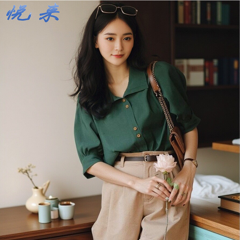 复古短袖衬衫短裤两件套装女