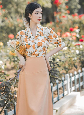 港风复古短袖黄色玫瑰碎花衬衫女春夏设计感小众上衣半身裙子套装