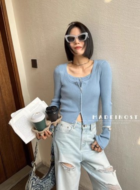 MADEINOST秋季新款针织开衫假两件女修身短款长袖双拉链上衣纯色