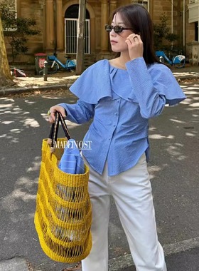 MADEINOST一字肩荷叶边条纹衬衫女2025复古显瘦收腰气质长袖上衣