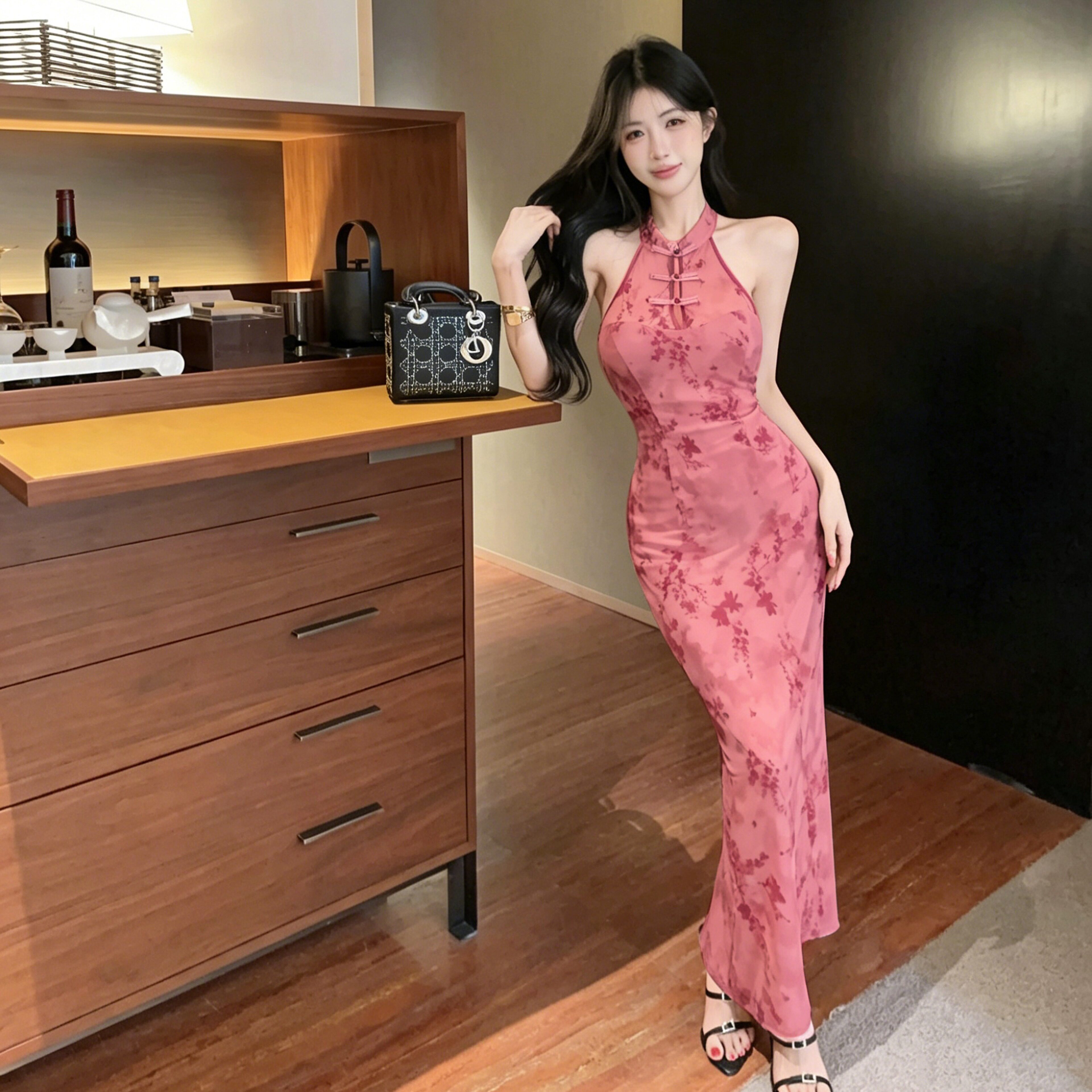性感改良旗袍印花露肩盘扣连衣裙