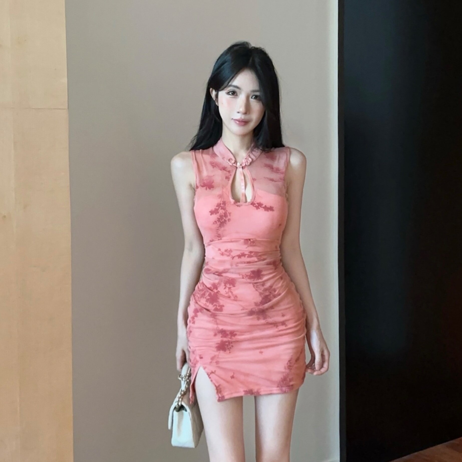 性感风改良旗袍网纱连衣裙女装无袖纯欲镂空修身显瘦开叉包臀短裙