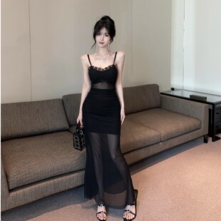 生日宴会晚礼服性感低胸吊带连衣裙修身显瘦网纱褶皱长裙夜场裙子