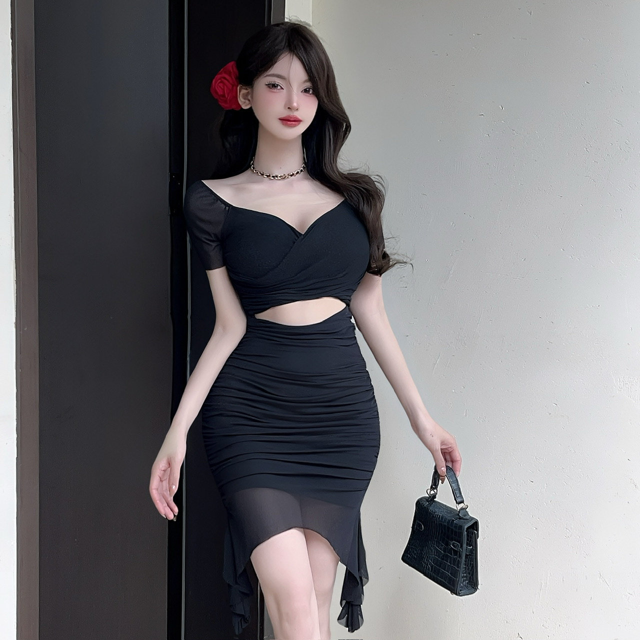 短袖性感辣妹风网纱拼接连衣裙女