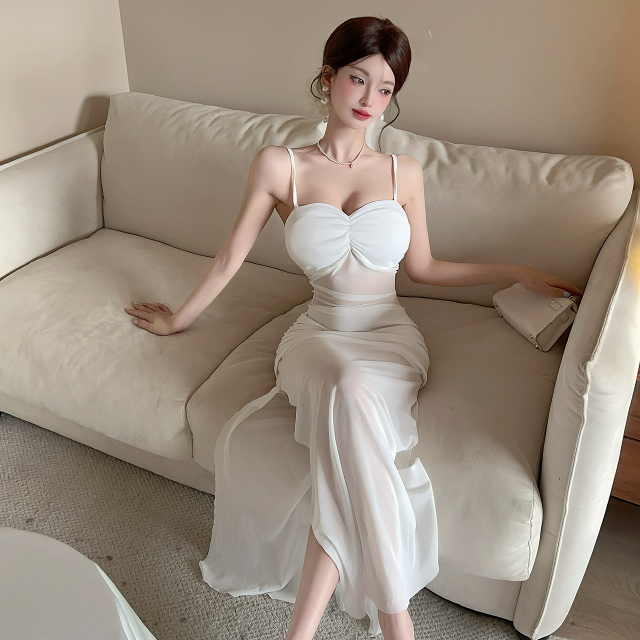 网纱拼接吊带连衣裙女装新款长裙