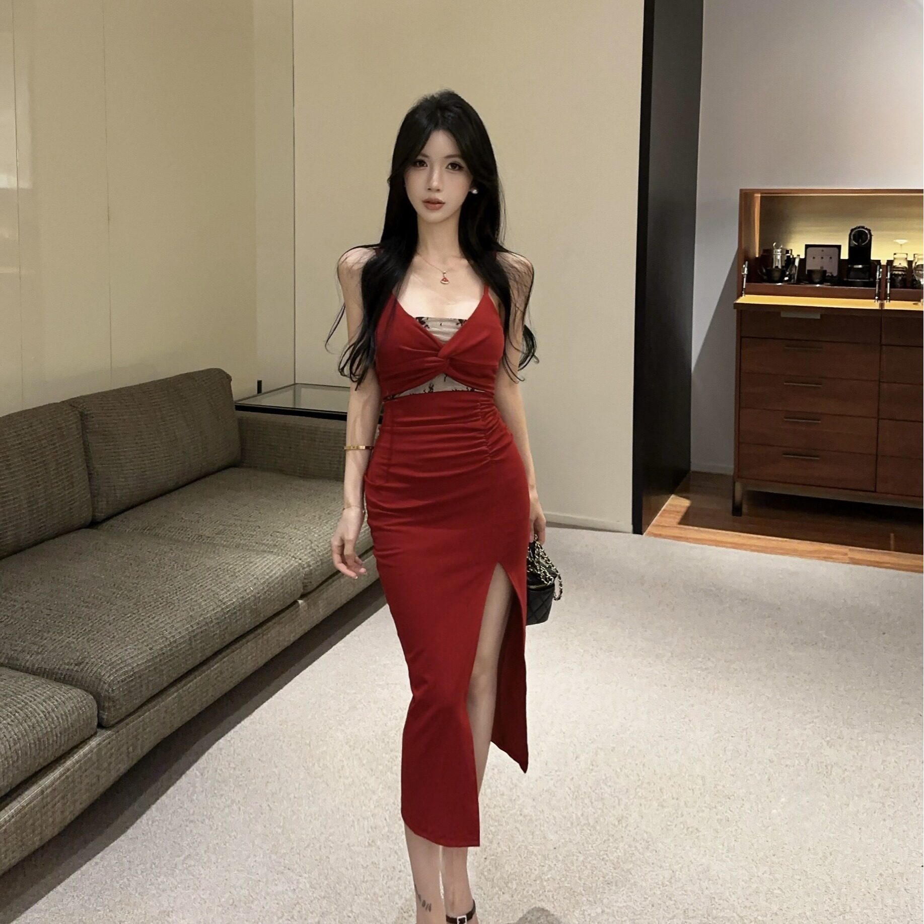 性感包臀连衣裙开叉镂空礼服长裙