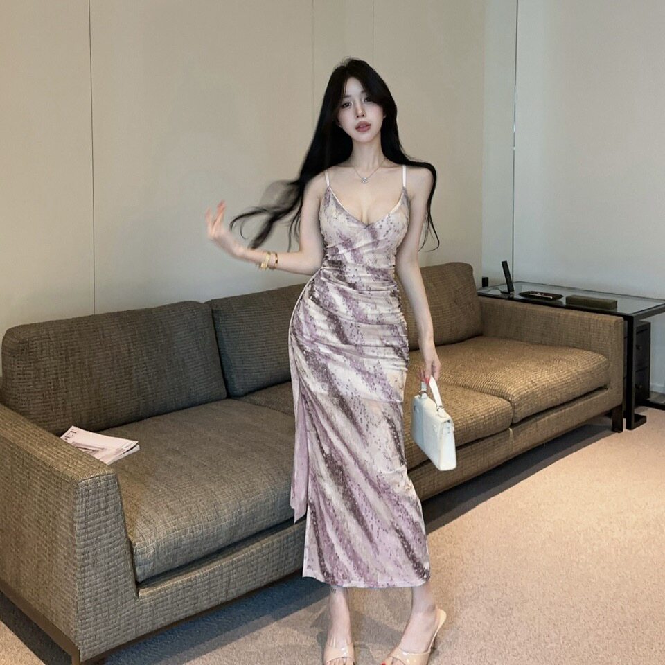 性感网纱印花开叉褶皱吊带连衣裙