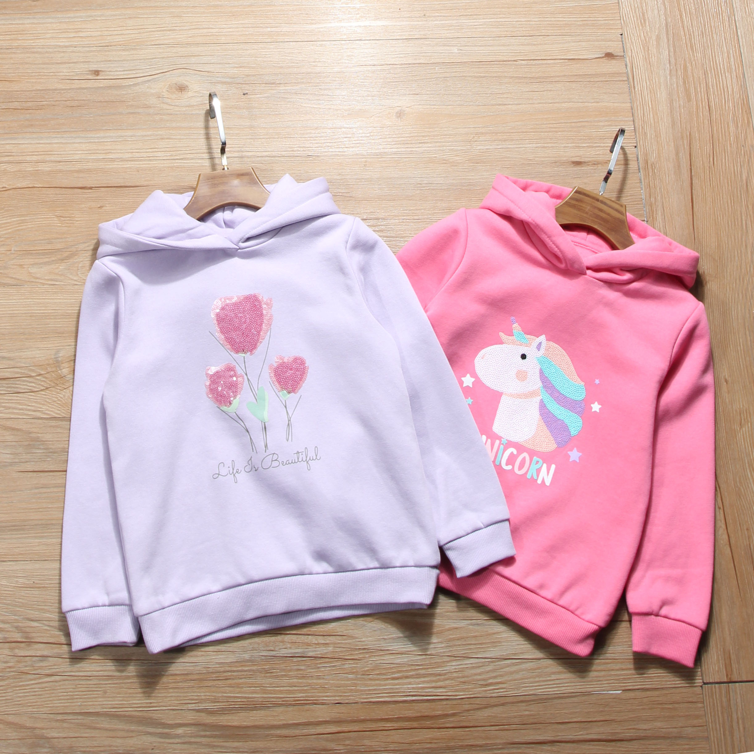 外贸出口女童卫衣春秋装新款中小童薄绒绣花绒衫韩版带帽套头衫