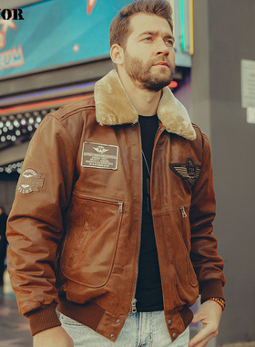 秋冬新款真皮皮衣男美式大码袖标毛领加棉男士A2飞行员皮夹克短款