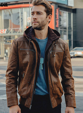 春秋新款真皮皮衣男美式猪皮真皮机车夹克单装多拉链连帽男士外套