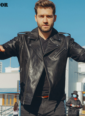 海宁春秋新款真皮皮衣男美式街头机车真皮夹克翻领多拉链男士外套