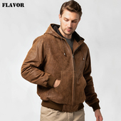 海宁秋冬新款 外套 休闲复古真皮夹克连帽加棉男士 真皮皮衣男 美式