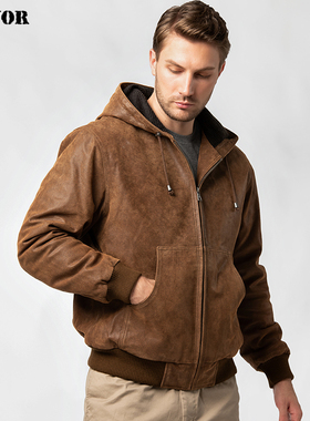 海宁秋冬新款真皮皮衣男 美式休闲复古真皮夹克连帽加棉男士外套